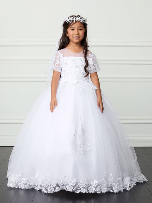 Girls Illusion Neckline & Maria Embroidery Communion Dress 7-18